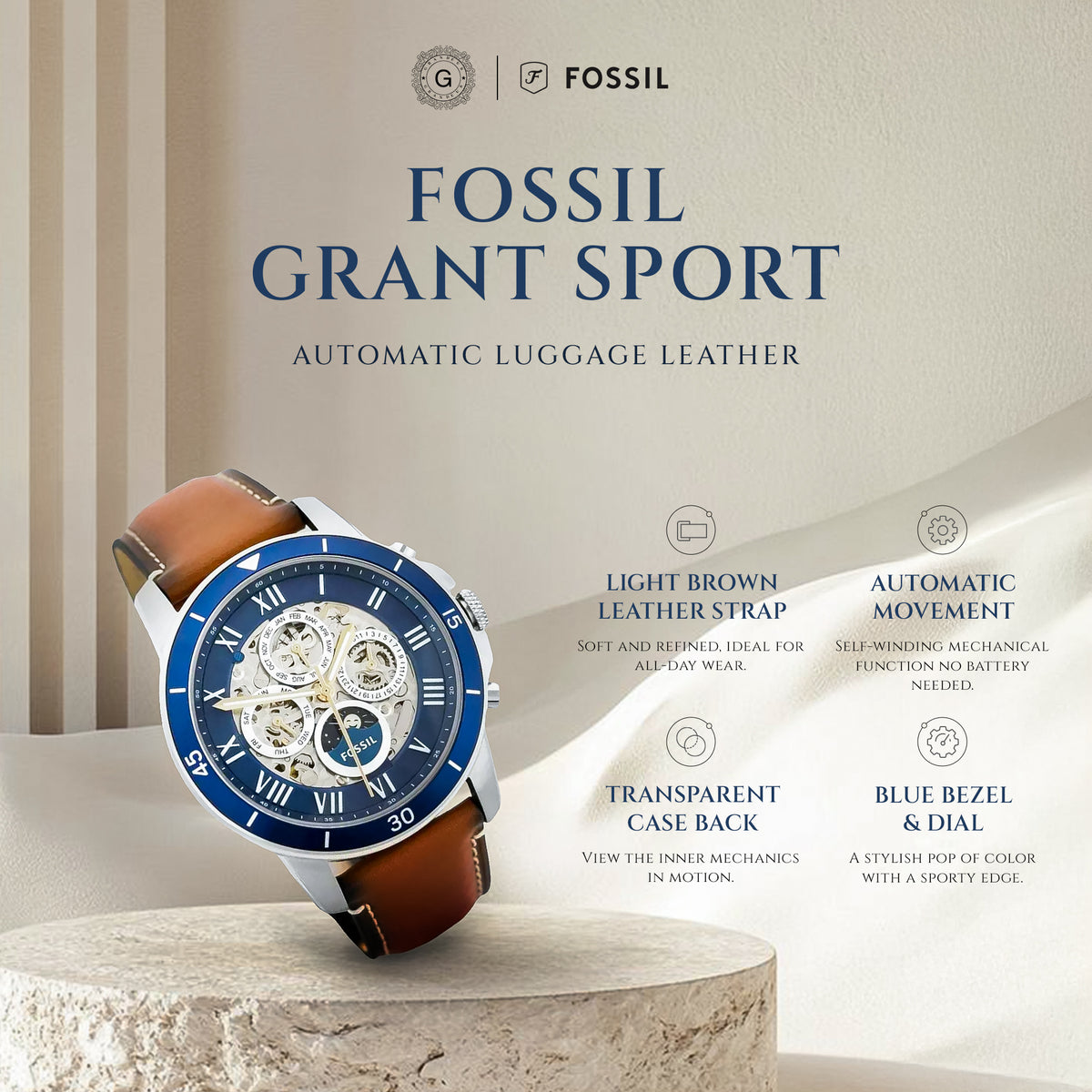 ME3140 Fossil Grant Sport Automatic Luggage Leather