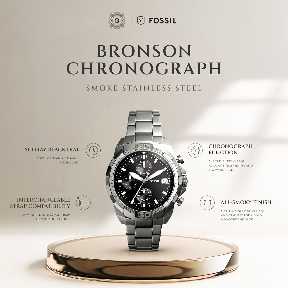 Bronson Chronograph Smoke Stainless Steel Watch